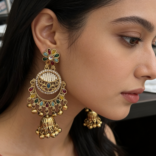 Multicolor Meenakari Jhumka Chandbali Earrings