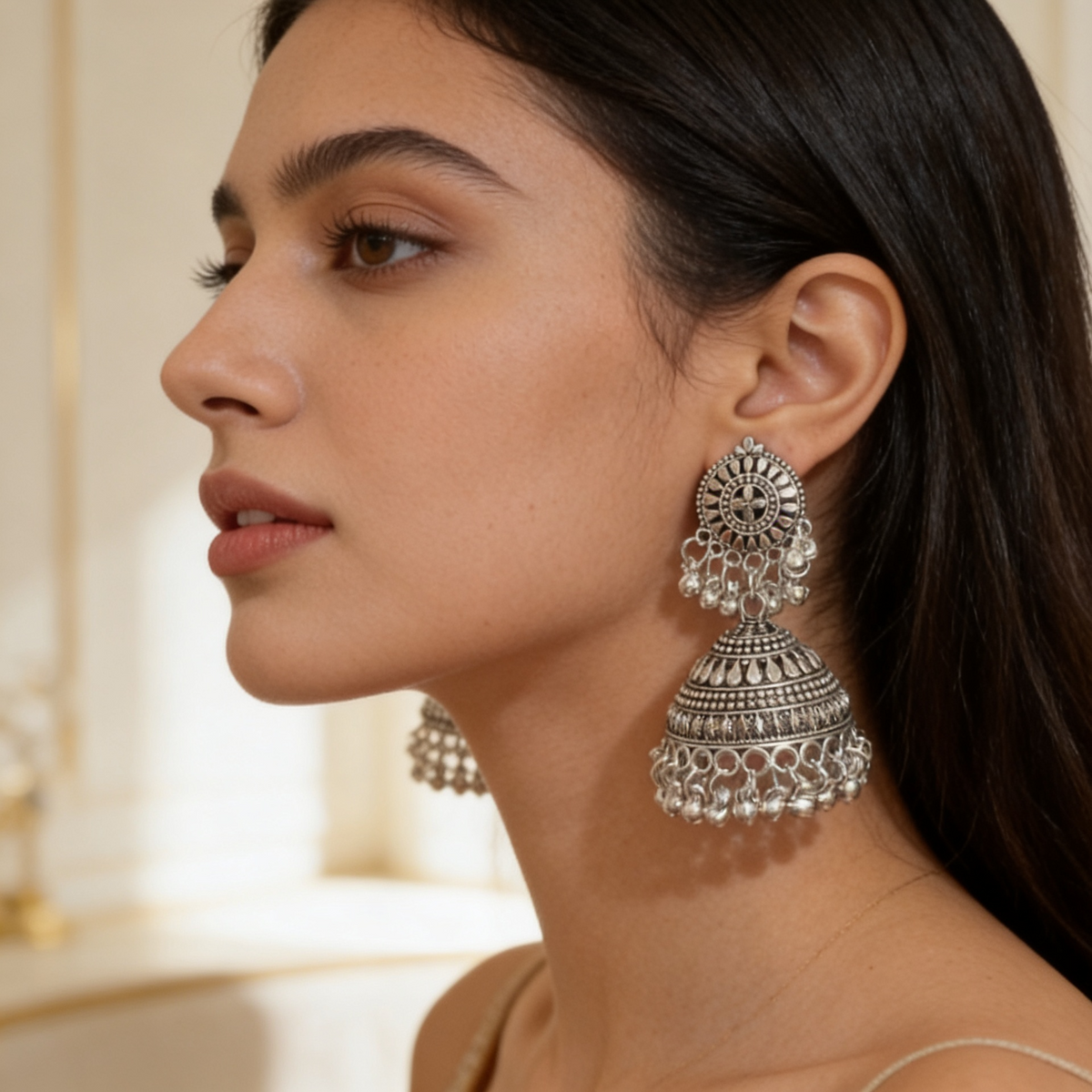Oxidised Silver Floral Jhumka Earrings | BME