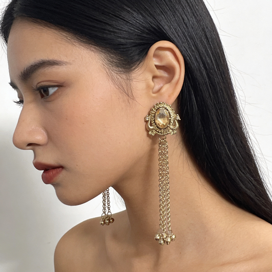 Gold-Toned Crystal Chain Tassel Earrings | BME