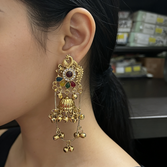 Antique Gold Peacock Jhumka Earrings | BME