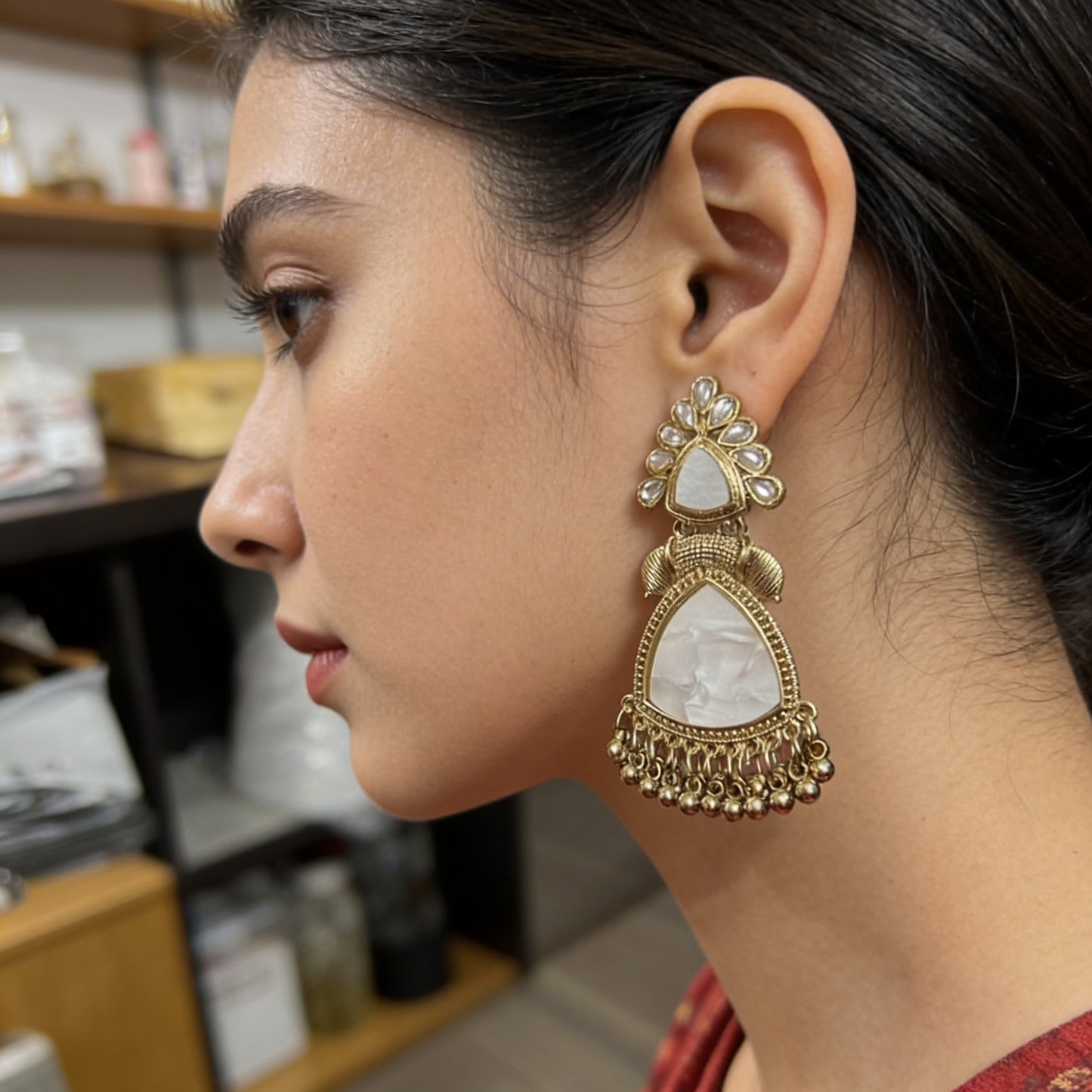 White Stone Antique Gold Drop Earrings