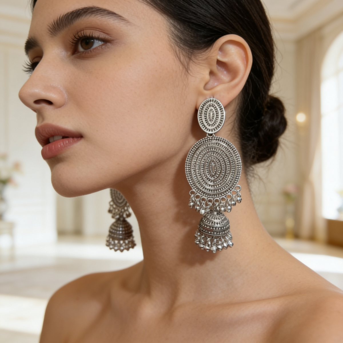 Oxidised Silver Round Jhumka Earrings | BME