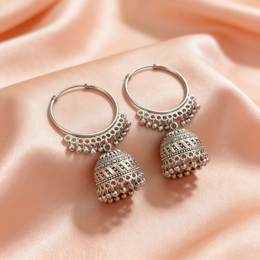 Oxidised Silver Hoop Jhumka Earrings