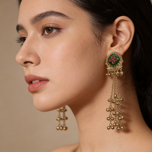 Green Stone Gold-Toned Chain Tassel Earrings | BME