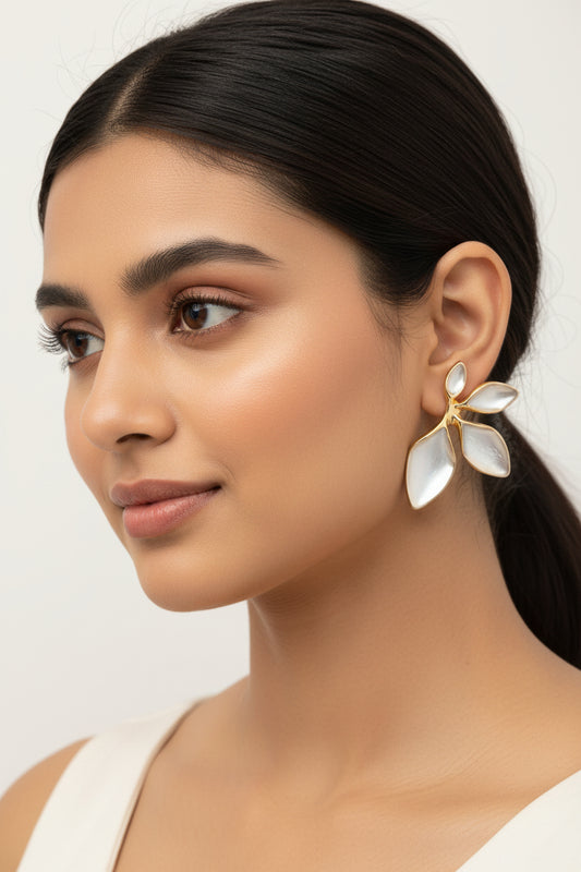 White Pearl Leaf Stud Earrings | BME