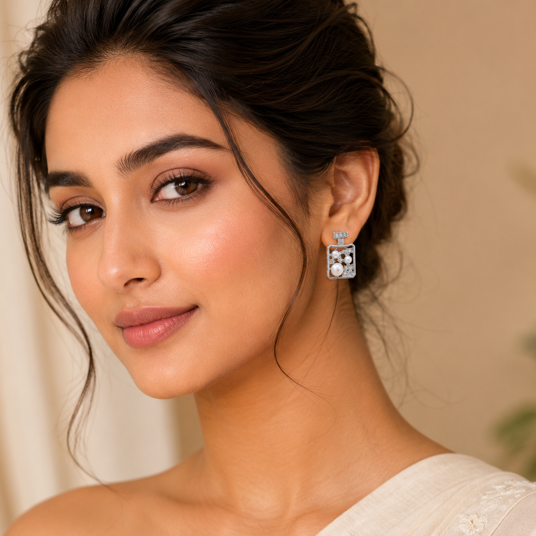 Pearl & Crystal Square Drop Stud Earrings