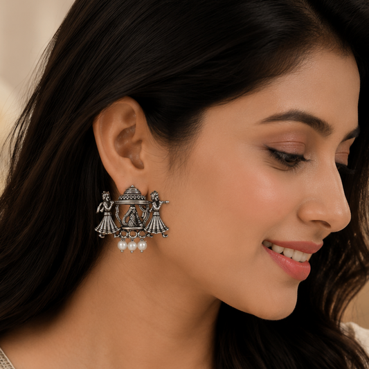 Oxidised Silver Temple Jhumka Earrings with Pearl Drops