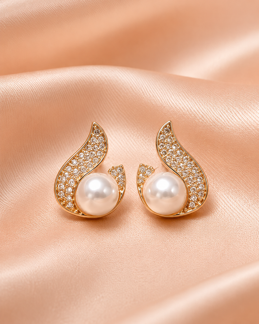 Golden Pearl Swan Stud Earrings