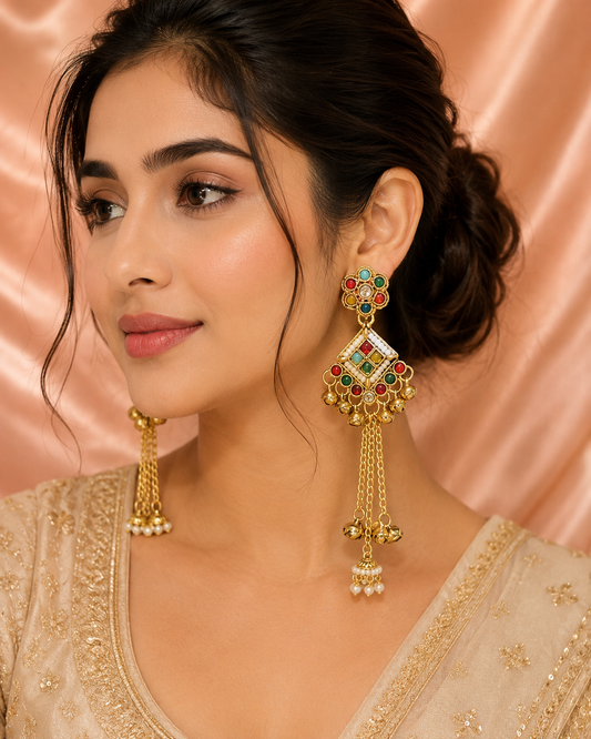 Antique Gold Multicolor Pearl Tassel Earrings | BME