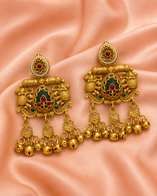 Antique Gold Temple Bell Drop Earrings