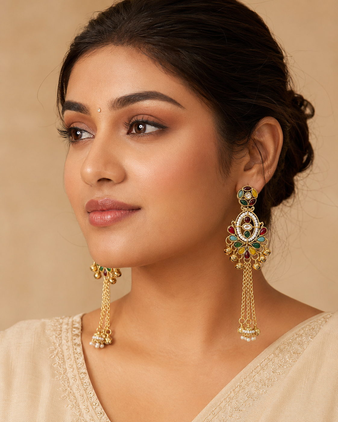 Antique Gold Multicolor Pearl Chandbali Tassel Earrings
