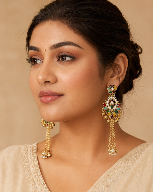 Antique Gold Multicolor Pearl Chandbali Tassel Earrings