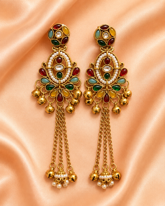 Antique Gold Multicolor Pearl Chandbali Tassel Earrings
