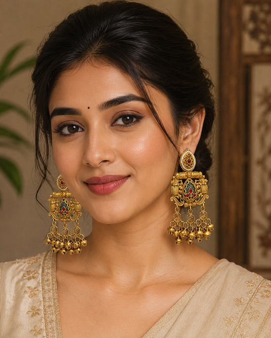 Antique Gold Temple Bell Drop Earrings | BME