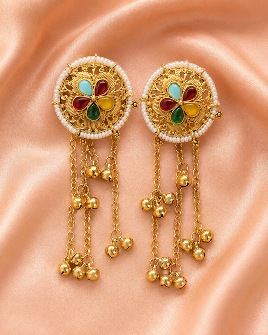 Antique Gold Floral Pearl Tassel Earrings