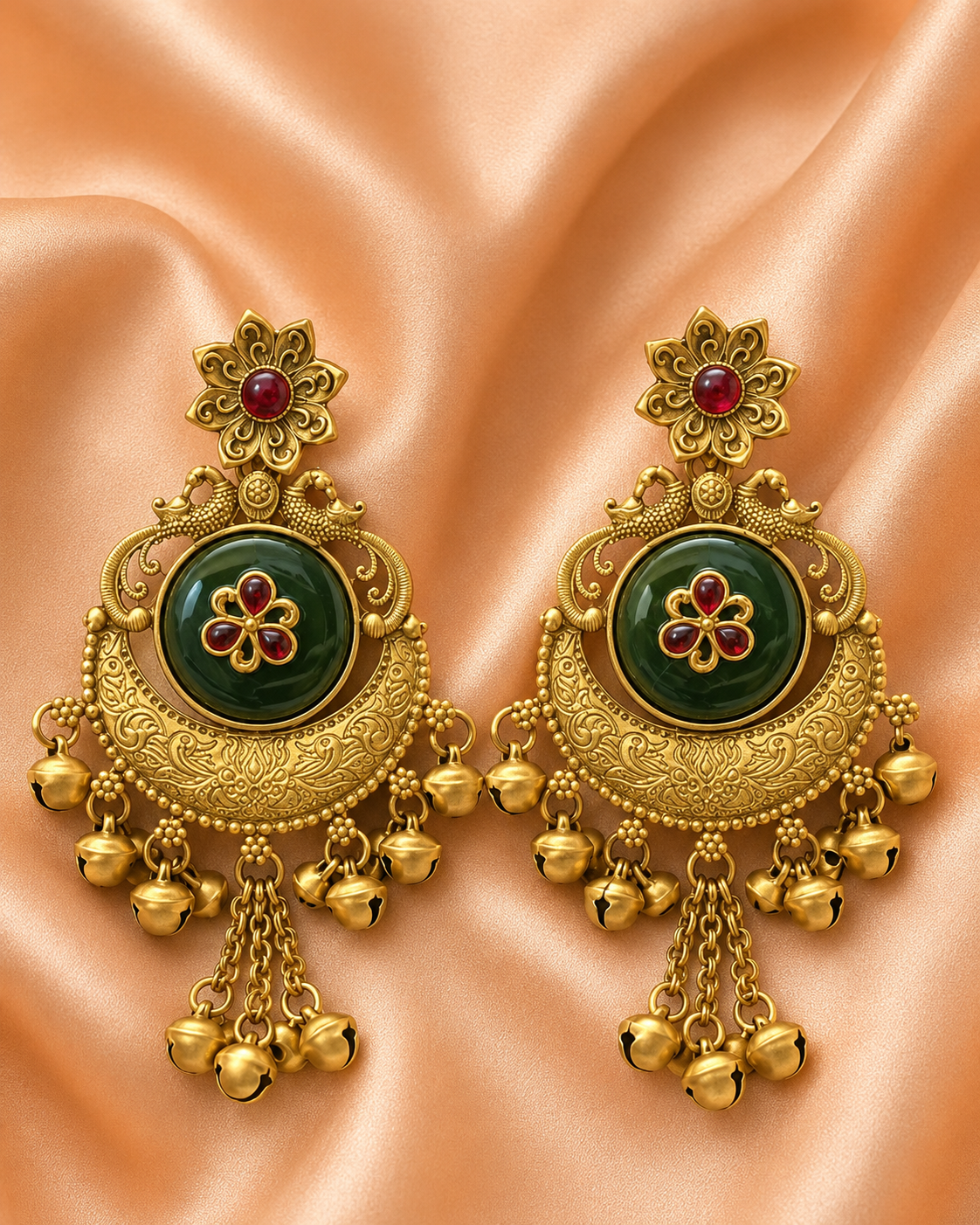Antique Gold Green Stone Chandbali Earrings