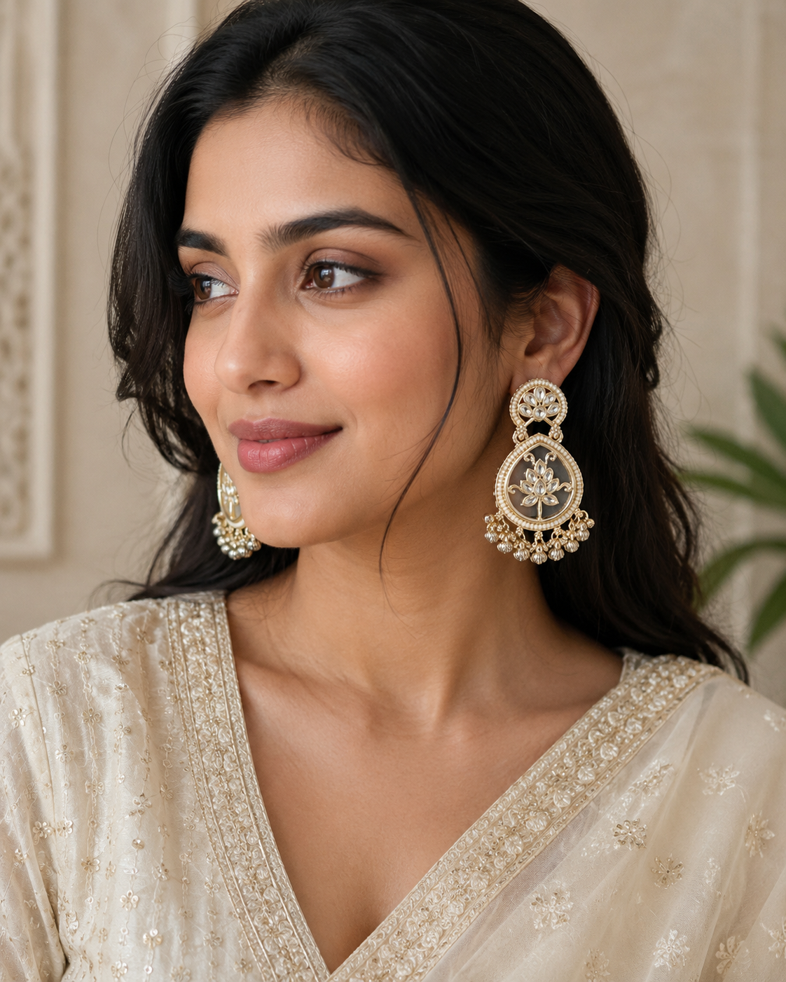 Pearl Kundan Lotus Drop Earrings