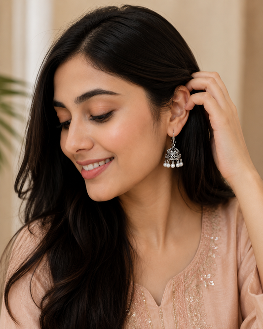 Oxidised Silver Pearl Jhumka Earrings