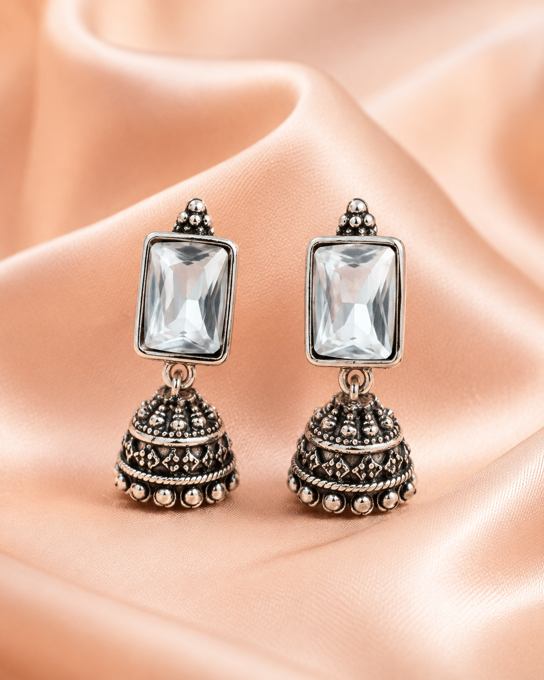 Oxidised Silver Kundan Jhumka Earrings