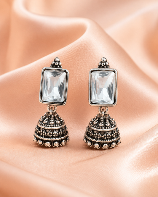 Oxidised Silver Kundan Jhumka Earrings