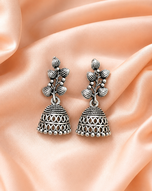 Oxidised Silver Leaf Jhumka Earrings