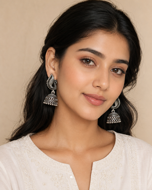 Oxidised Silver Peacock Jhumka Earrings