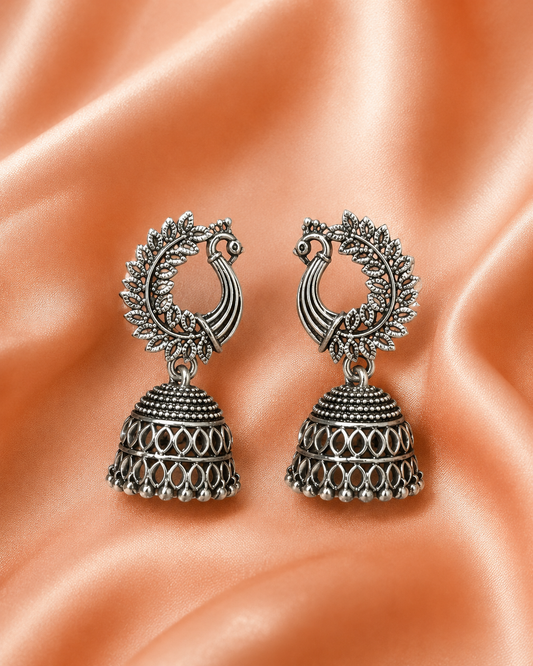 Oxidised Silver Peacock Chandbali Jhumka Earrings