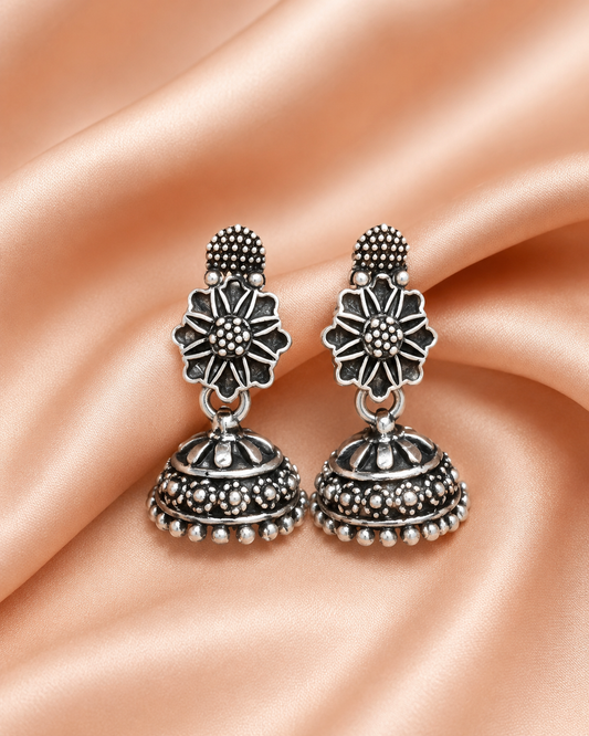 Oxidised Silver Floral Jhumka Earrings