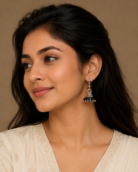 Oxidised Silver Black Bead Jhumka Earrings