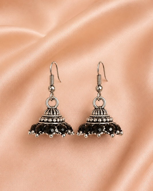 Oxidised Silver Black Bead Jhumka Earrings