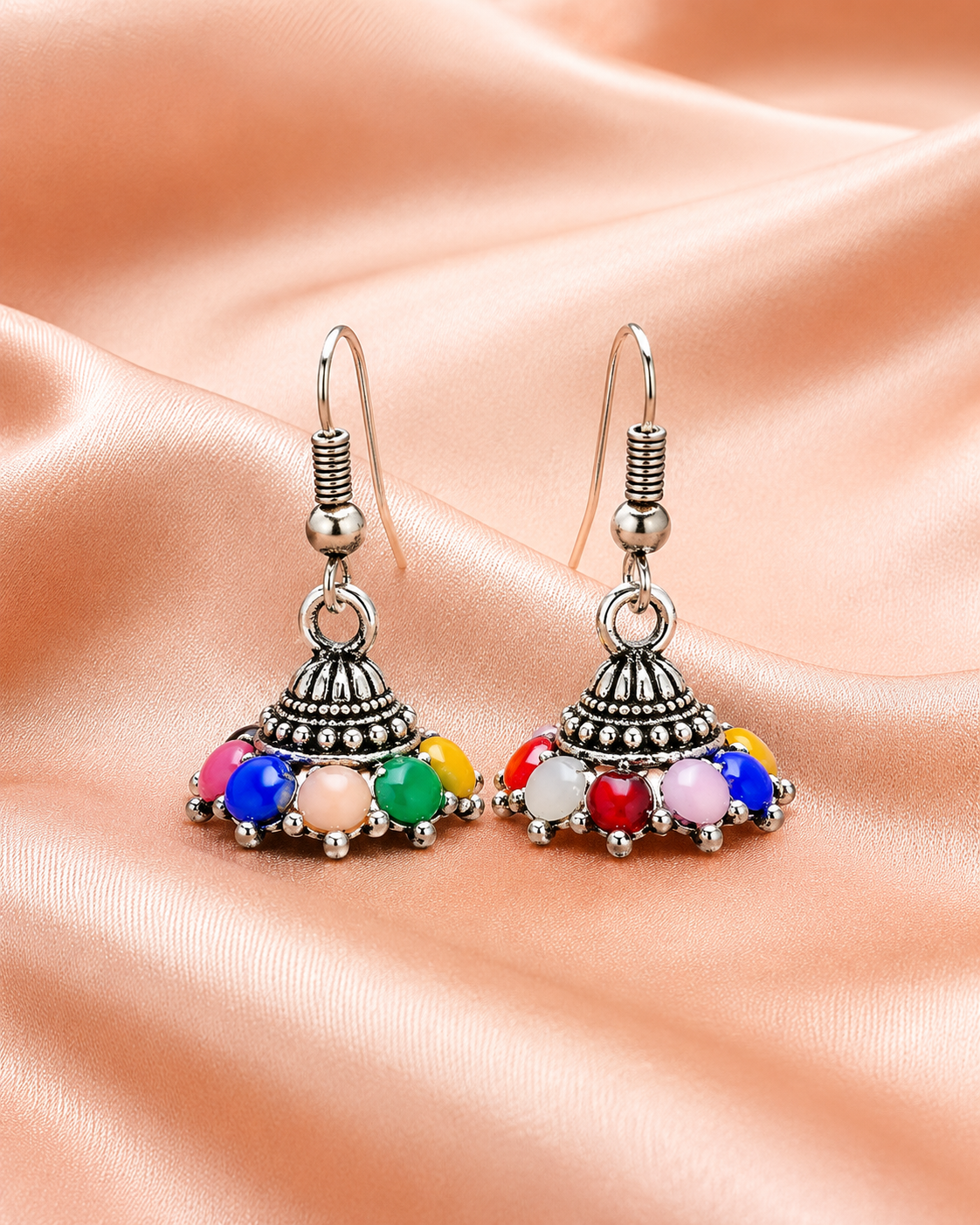 Oxidised Silver Multicolour Bead Jhumka Earrings