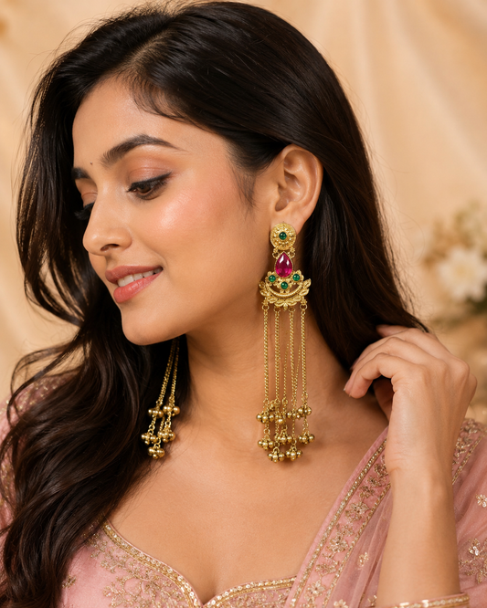 Gold Pink & Green Stone Chain Tassel Earrings | BME