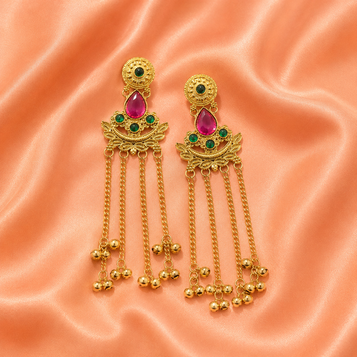 Gold Pink & Green Stone Chain Tassel Earrings