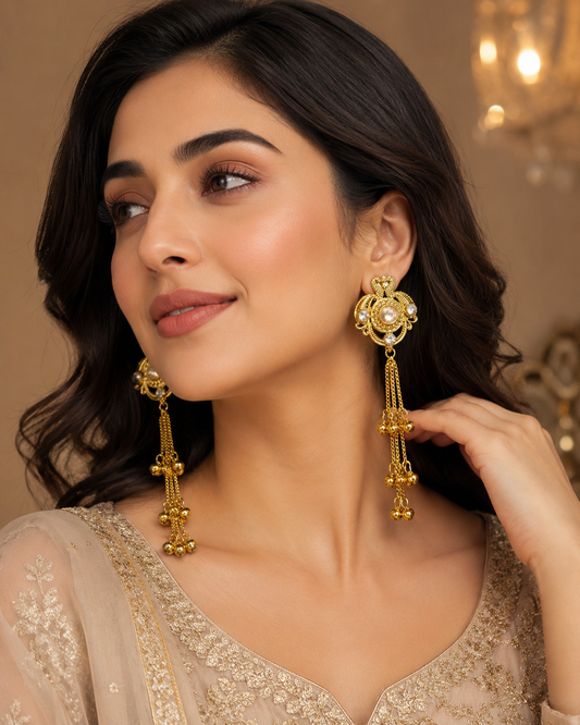 Gold Crystal Chain Tassel Kashmiri Earrings | BME