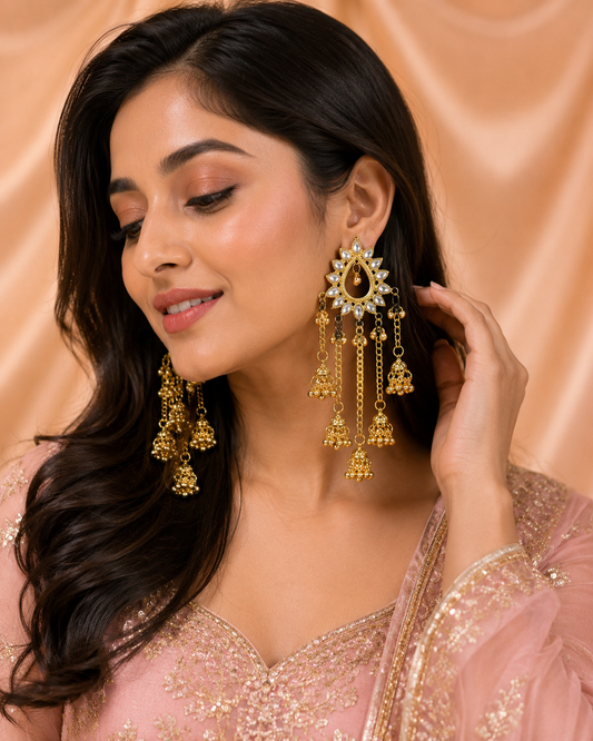 Gold Kundan Teardrop Chain Tassel Kashmiri Earrings | BME