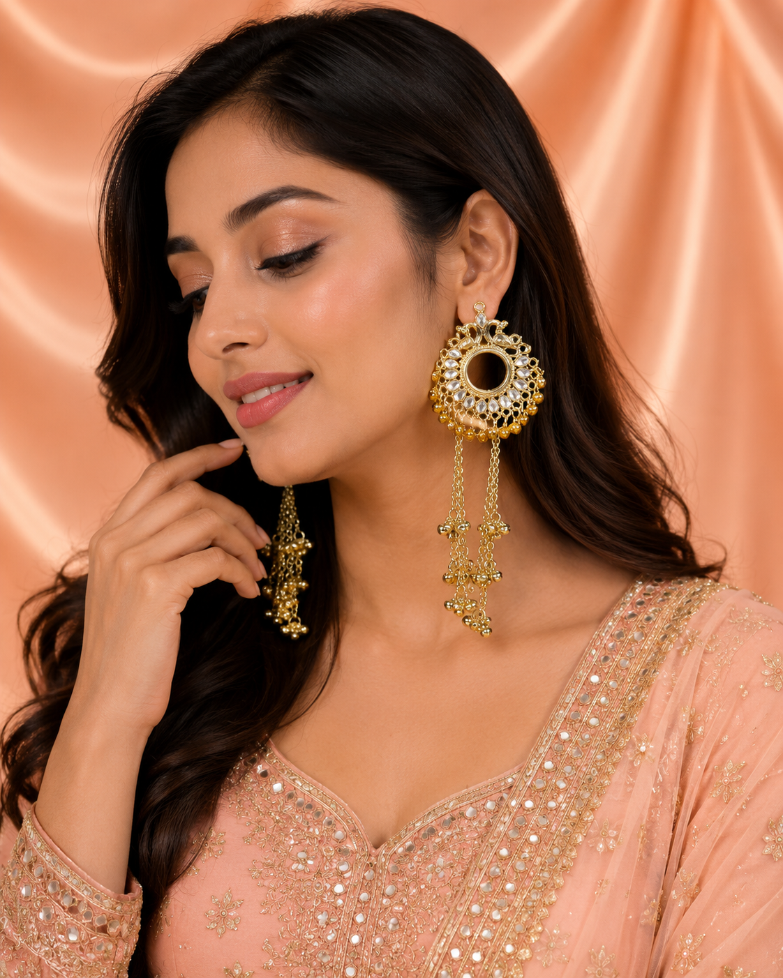 Gold Kundan Circular Chain Tassel Kashmiri Earrings | BME