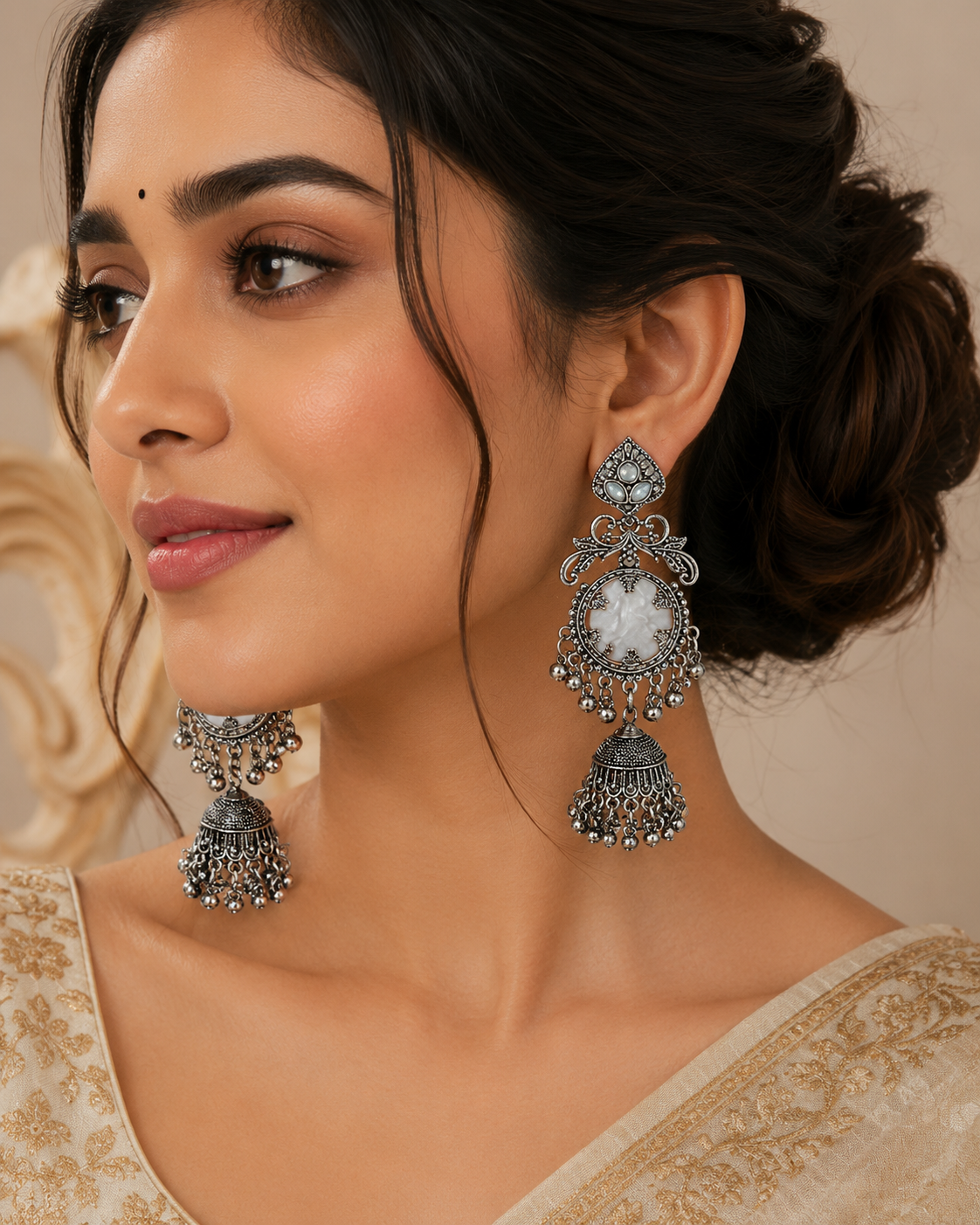 Oxidised Silver Jhumka Earrings with Pearl Stone Detailing | BME