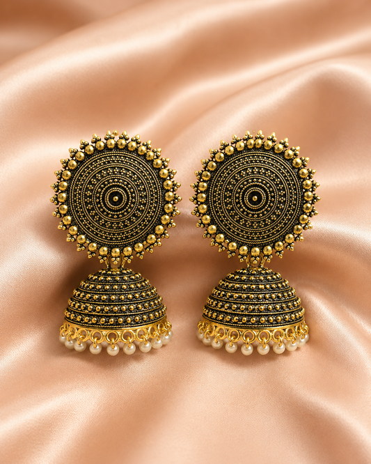 Golden Oxidised Round Jhumka Earrings with Pearl Drops