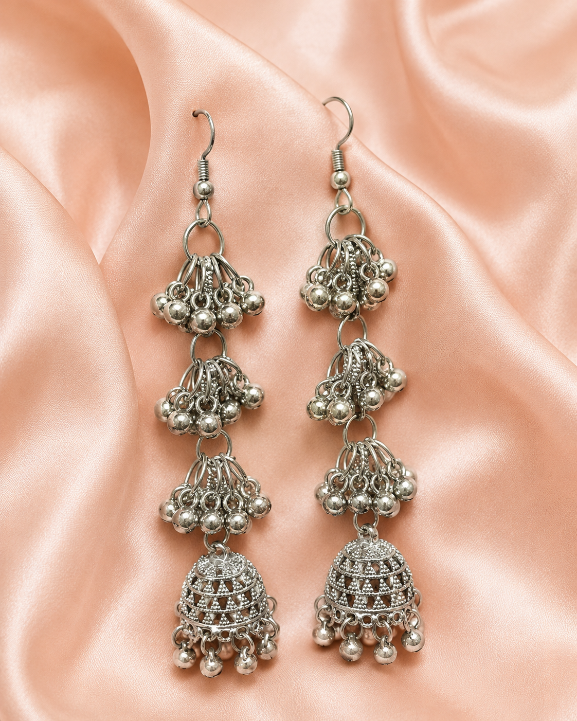 Oxidised Silver Long Jhumka Earrings with Ghungroo Detailing