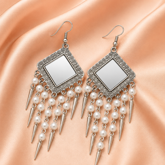 Oxidised Silver Mirror Pearl Fringe Kashmiri Earrings