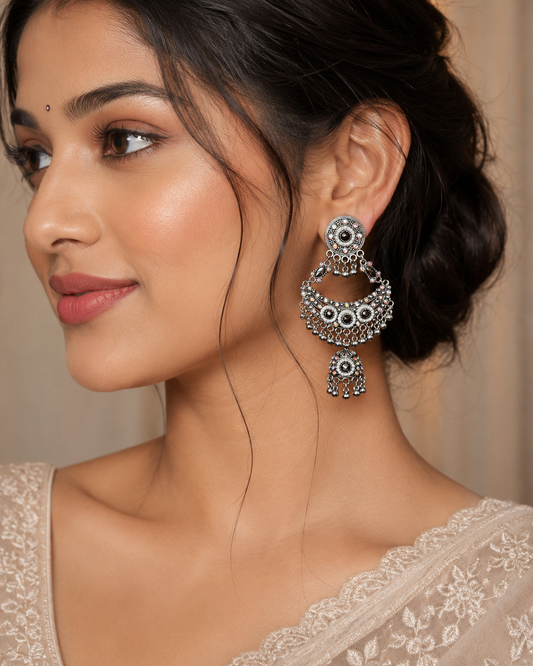 Oxidised Silver Pearl Chandbali Earrings