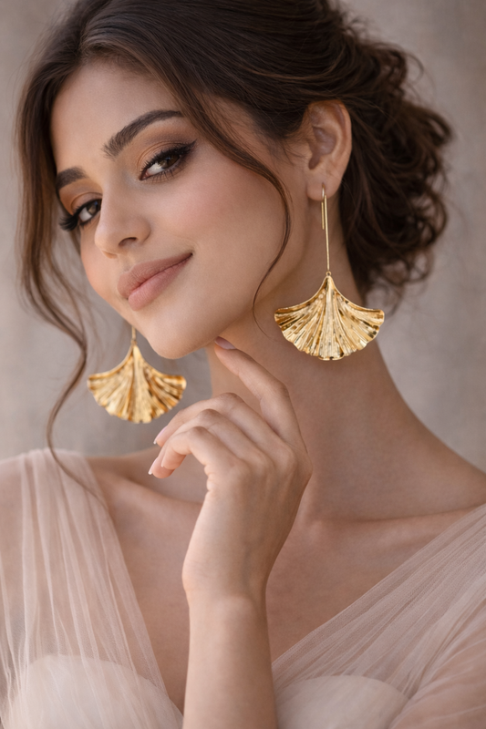 Textured Gold Fan Earrings - Minimalist Long Wire Leaf Dangles | BME