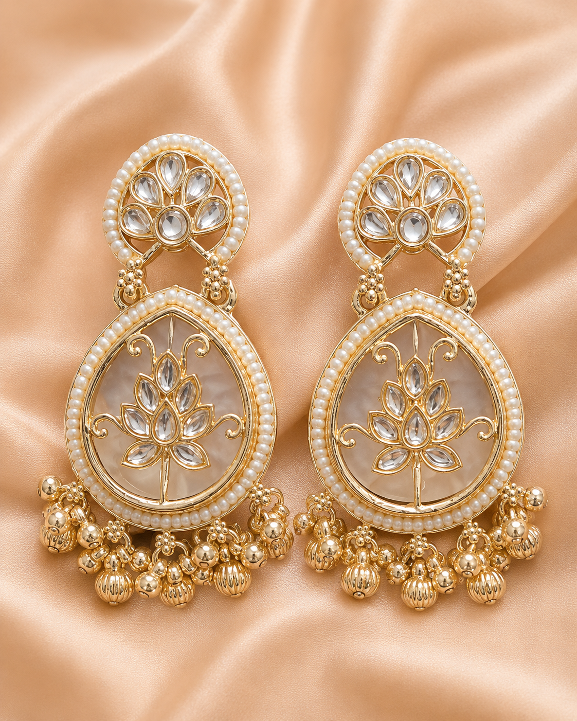 Pearl Kundan Lotus Drop Earrings