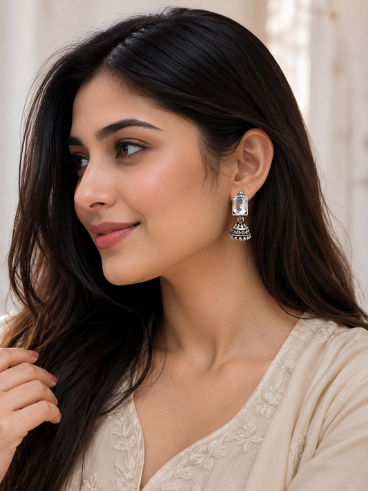 Oxidised Silver Kundan Jhumka Earrings