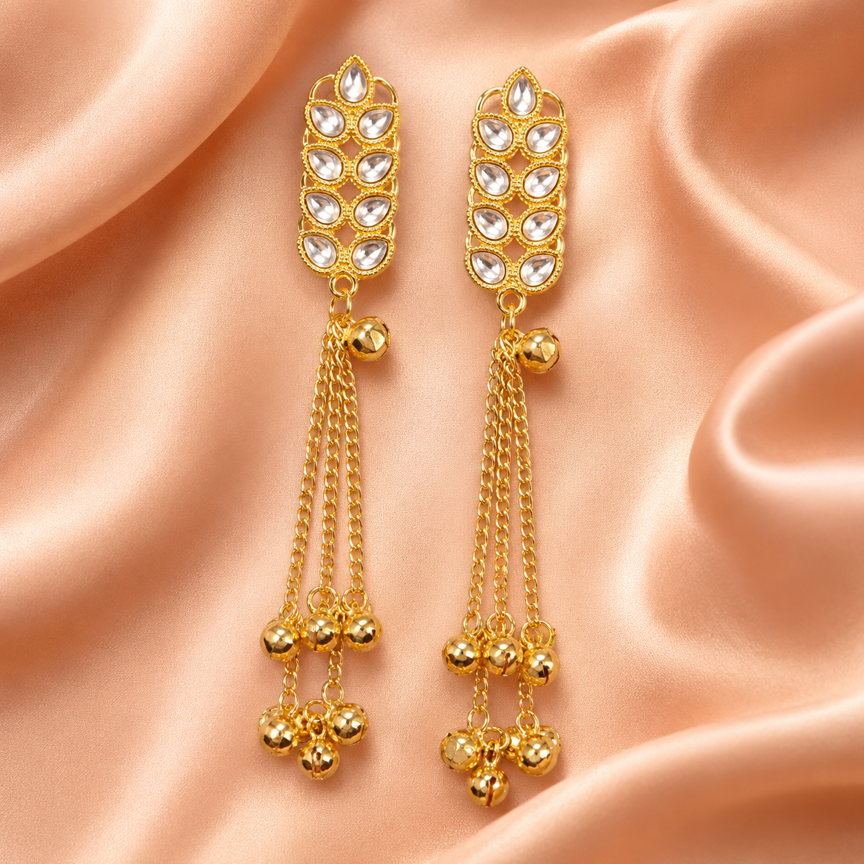 Gold Kundan Chain Kashmiri Earrings