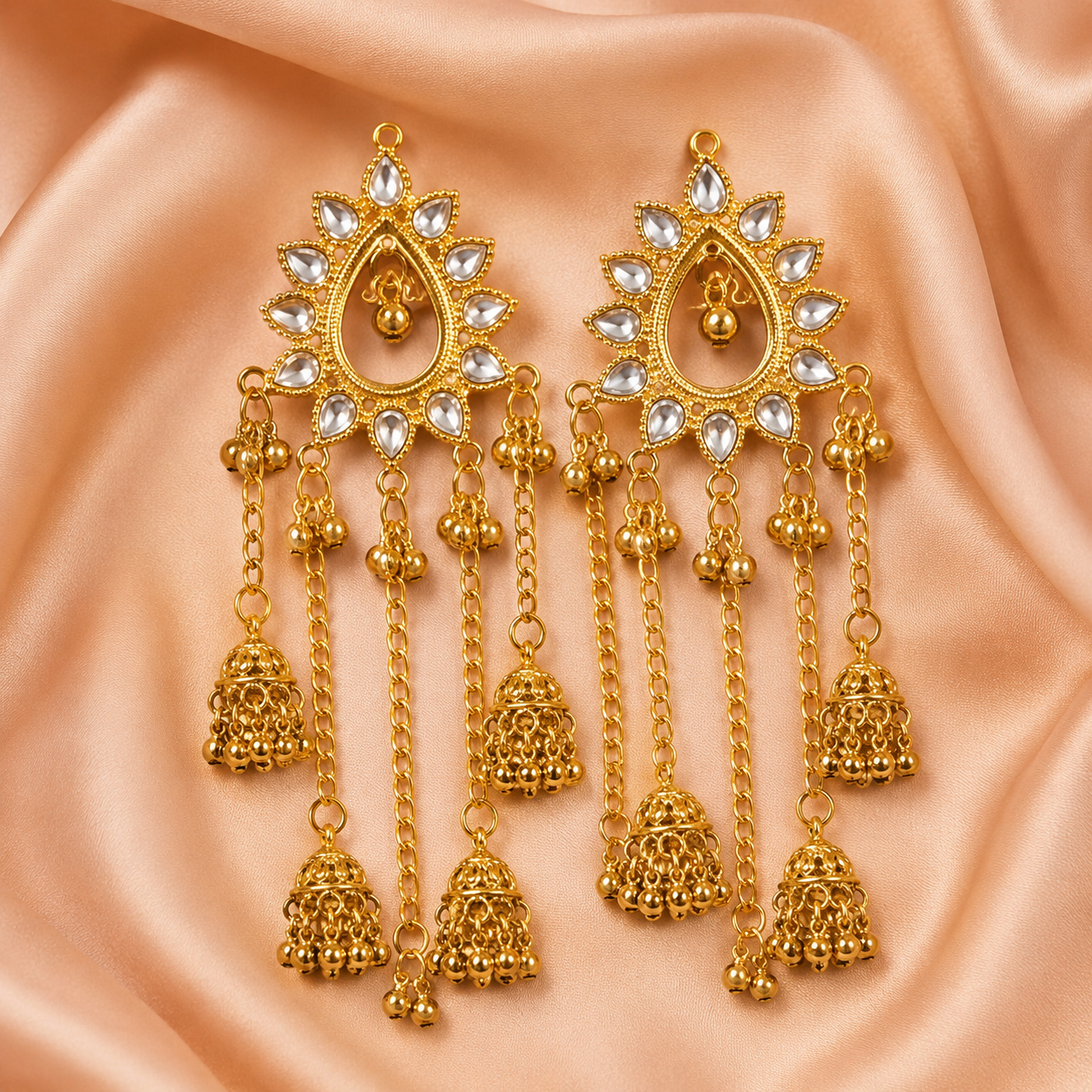 Gold Kundan Teardrop Chain Tassel Kashmiri Earrings