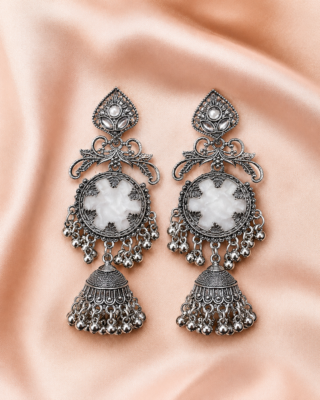 Oxidised Silver Jhumka Earrings with Pearl Stone Detailing