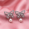 Silver Crystal Bow Earrings with Pearl Drops
