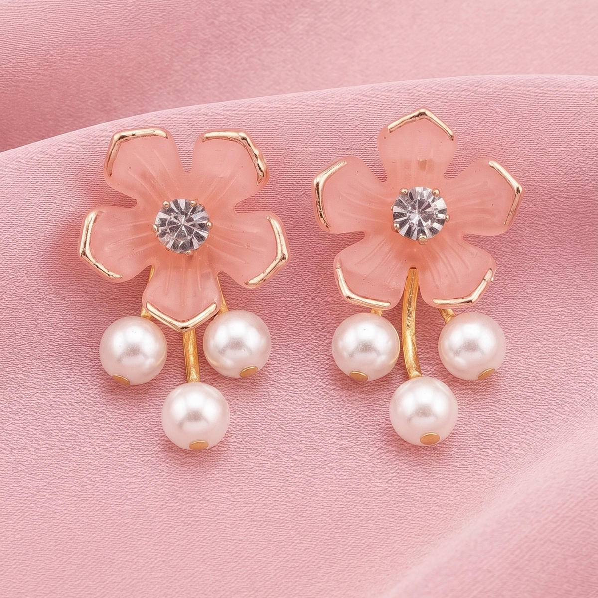 Elegant Floral Crystal Stud Earrings with Pearl Drops for Women