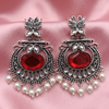 Oxidised Silver Peacock Kundan Pearl Drop Earrings